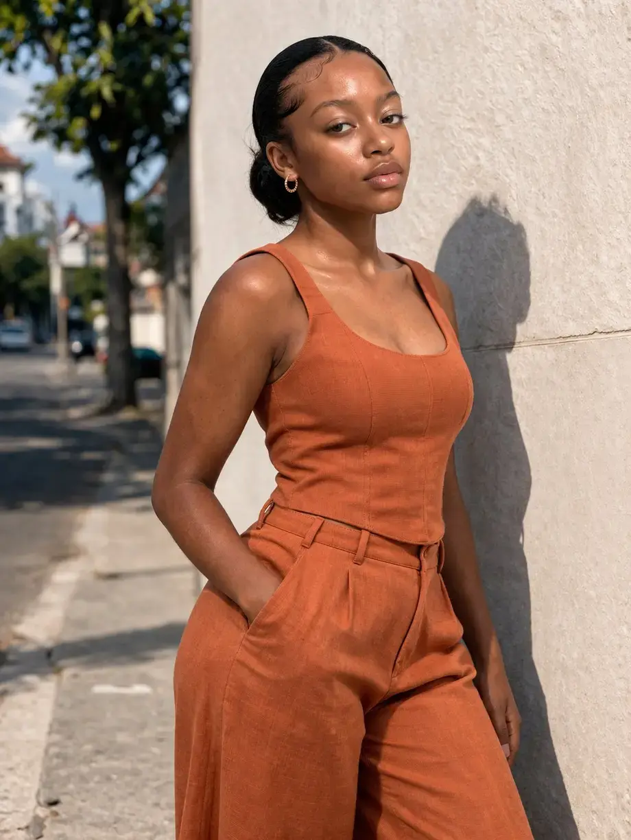 Fashion portrait in a rust-coloured outfit beside a sunlit wall
